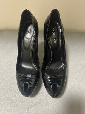 Sergio Rossi Black Patent Croc-Embossed Peep-Toe Heels